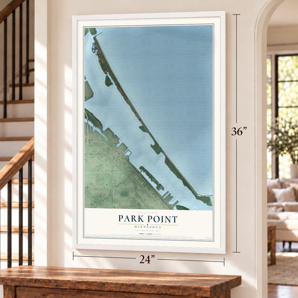 Park Point, Minnesota map, 24 x 36 inch print in a white frame by a staircase
