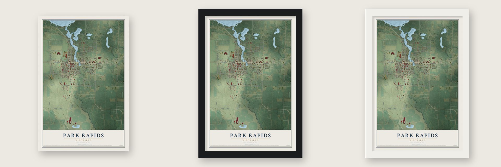 Park Rapids, Minnesota map unframed, in a black wood frame and in a white wood frame