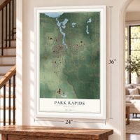 Park Rapids, Minnesota map, 24 x 36 inch print in a white frame by a staircase