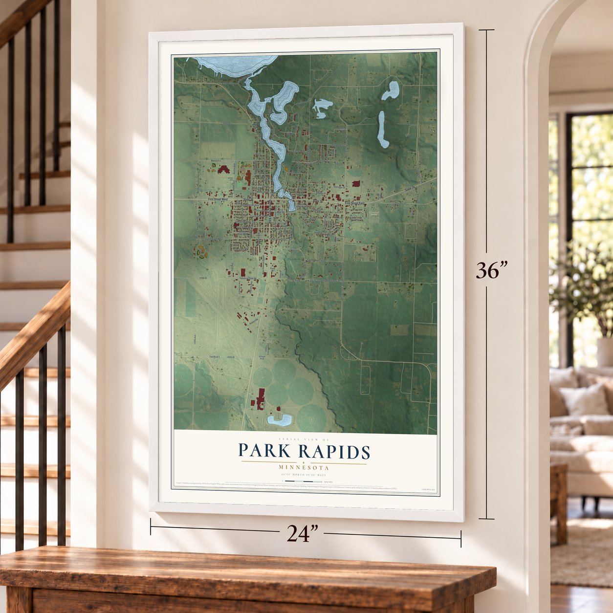 Park Rapids, Minnesota map, 24 x 36 inch print in a white frame by a staircase