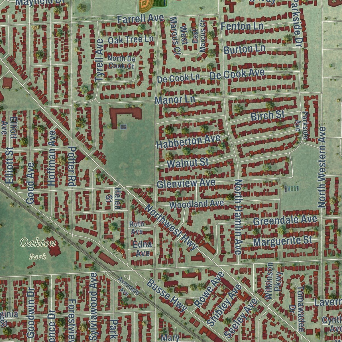Second close-up of the map of Park Ridge, Illinois print showing more streets and buildings