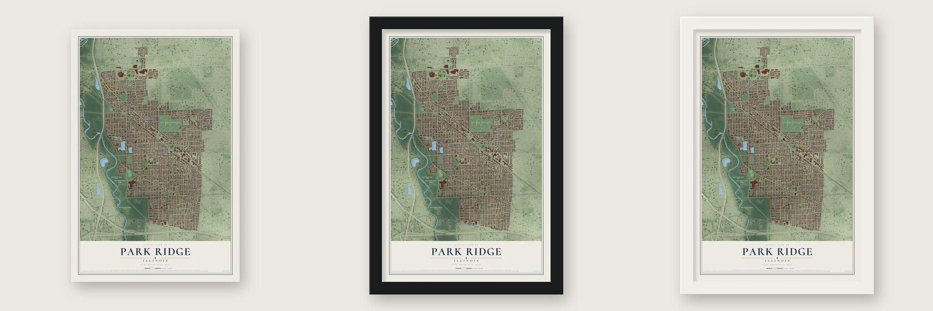 Park Ridge, Illinois map unframed, in a black wood frame and in a white wood frame