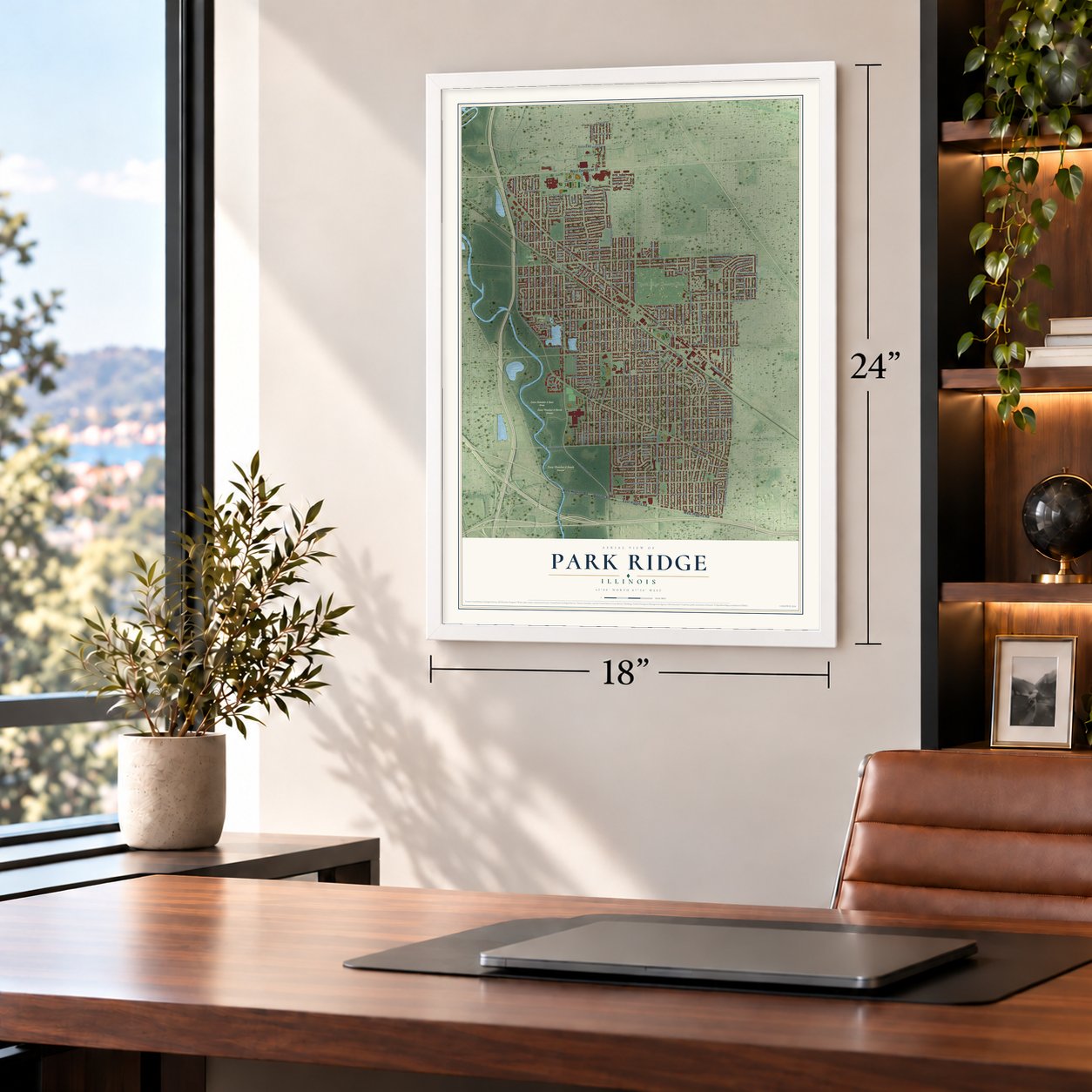 Park Ridge, Illinois map, 18 x 24 inch print in a white frame in a home office