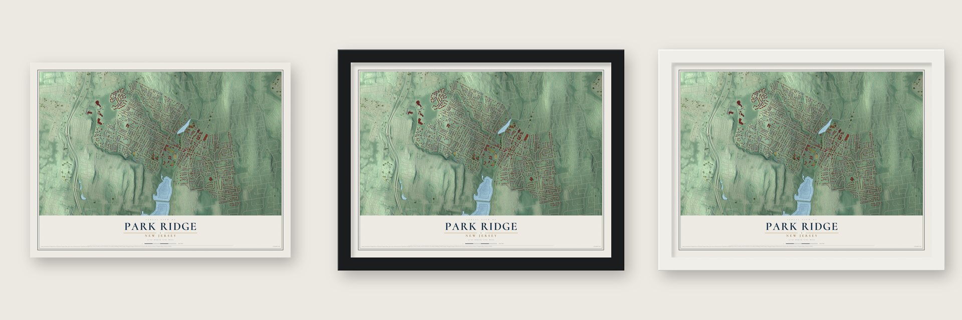 Park Ridge, New Jersey map unframed, in a black wood frame and in a white wood frame