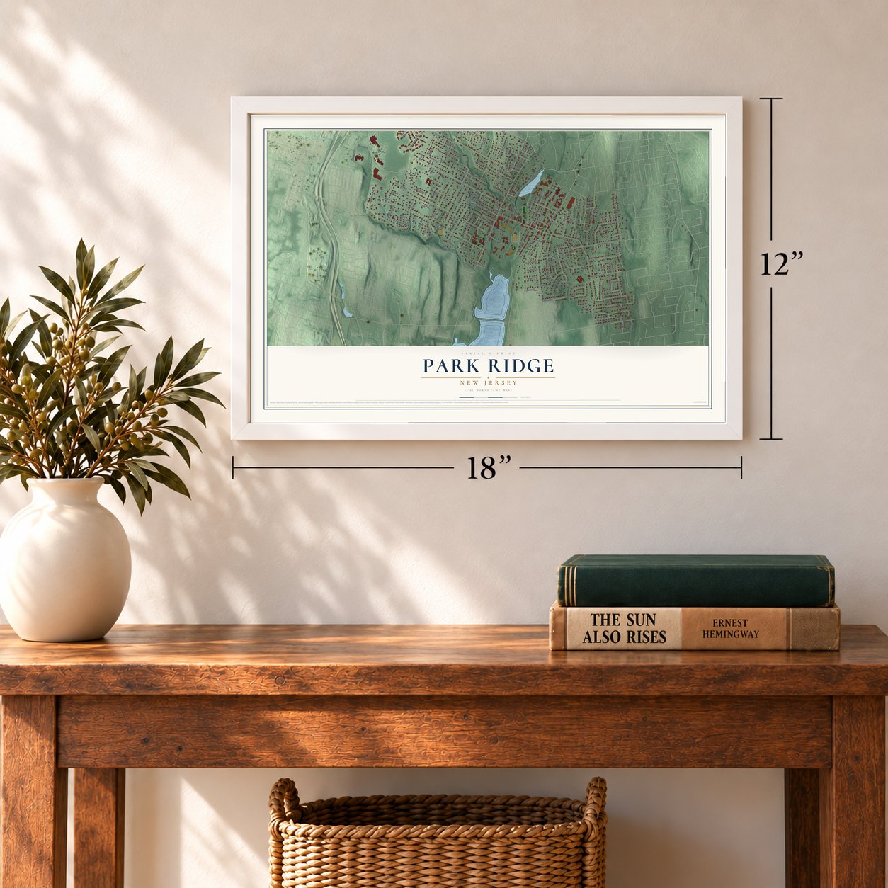 Park Ridge, New Jersey map, 12 x 18 inch print in a white frame in an entryway