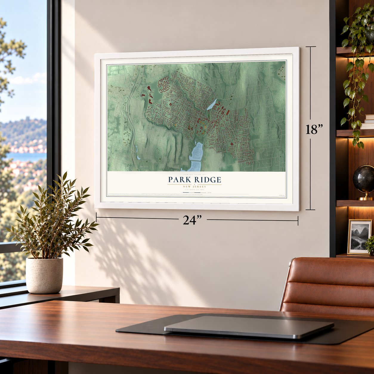 Park Ridge, New Jersey map, 18 x 24 inch print in a white frame in a home office