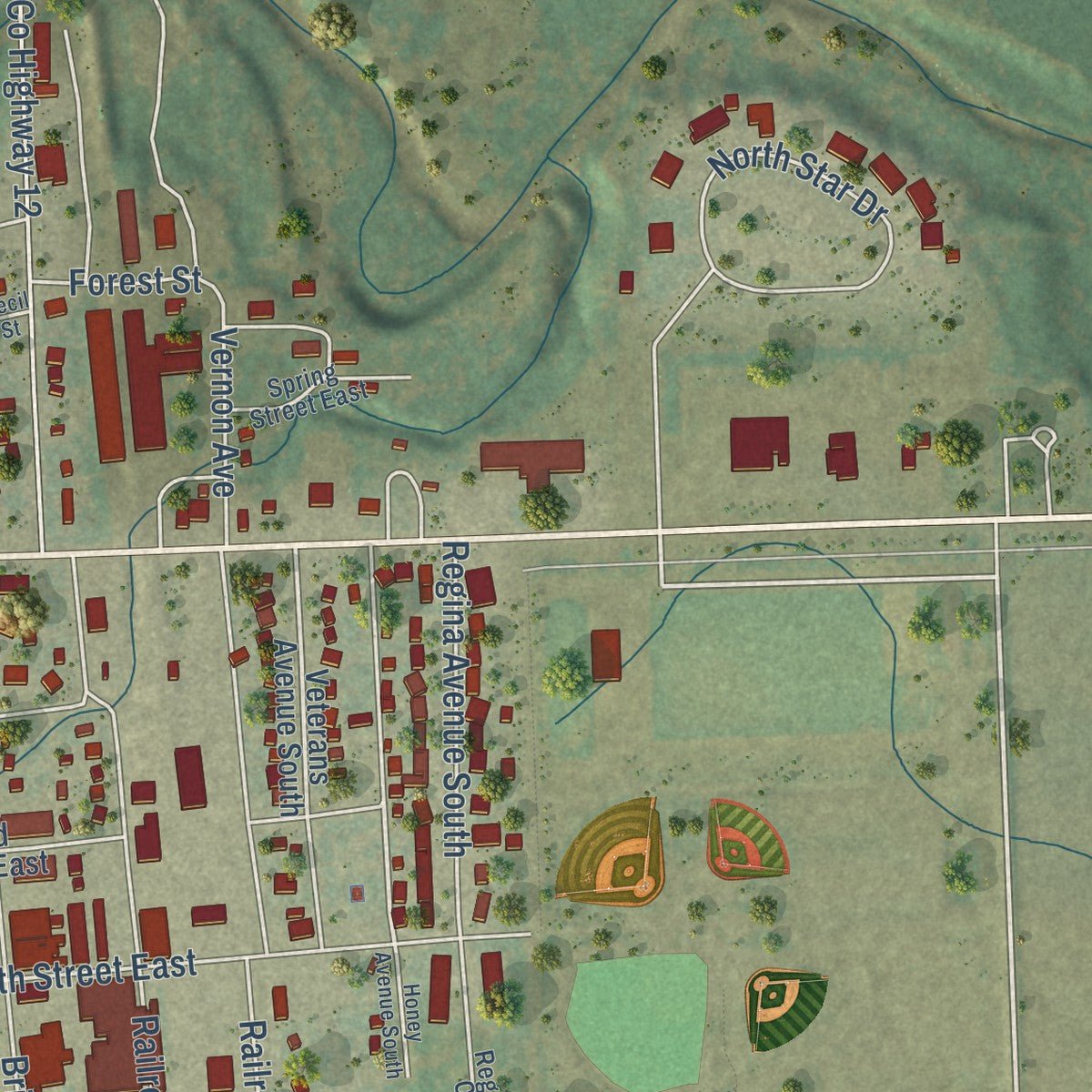 Second close-up of the map of Park River, North Dakota print showing more streets and buildings