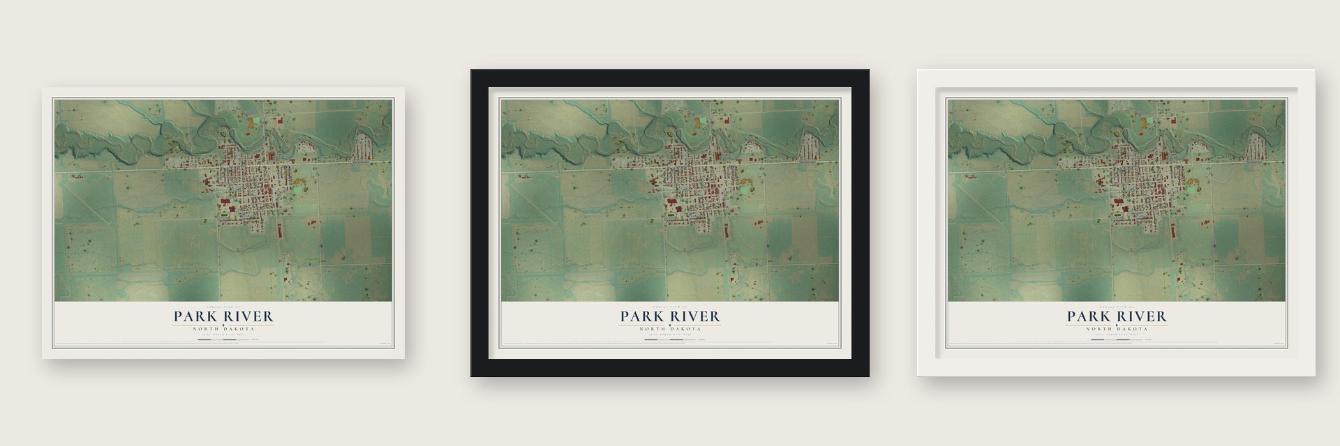Park River, North Dakota map unframed, in a black wood frame and in a white wood frame