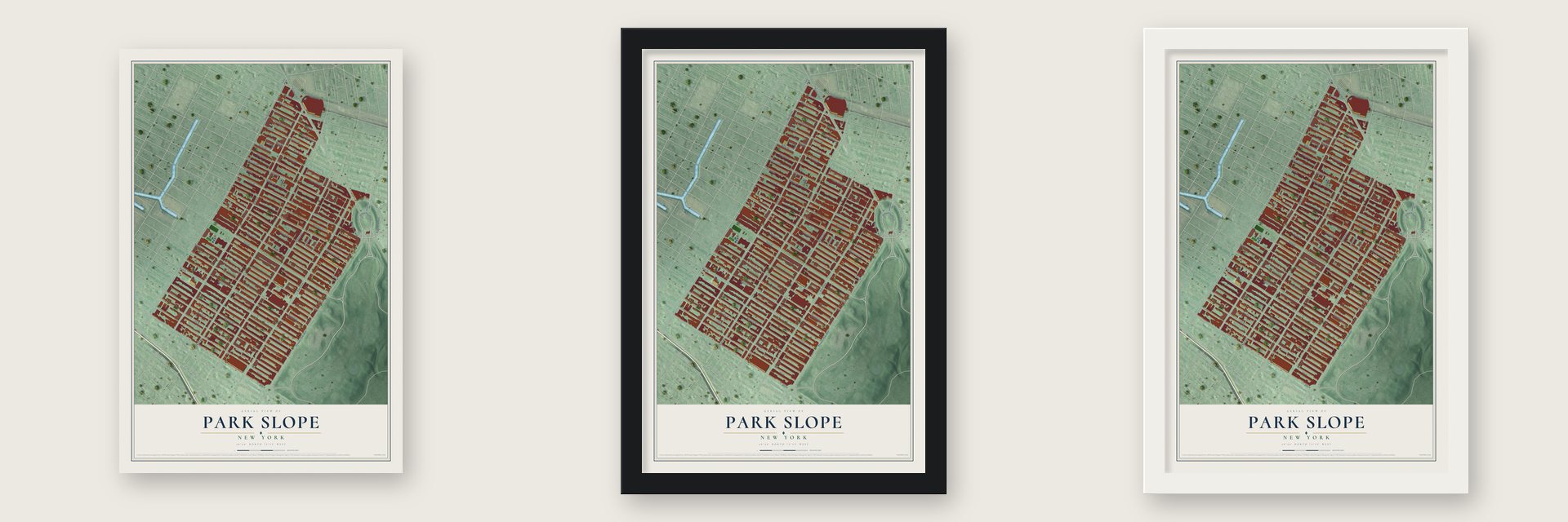 Park Slope, New York map unframed, in a black wood frame and in a white wood frame