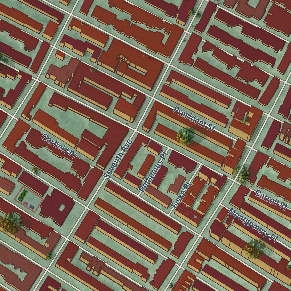 Second close-up of the map of Park Slope, New York print showing more streets and buildings