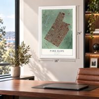 Park Slope, New York map, 18 x 24 inch print in a white frame in a home office