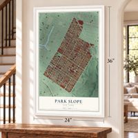 Park Slope, New York map, 24 x 36 inch print in a white frame by a staircase