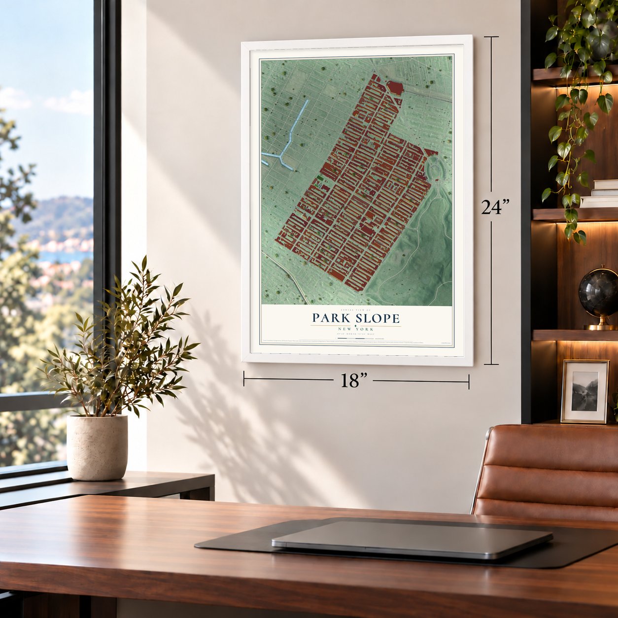Park Slope, New York map, 18 x 24 inch print in a white frame in a home office