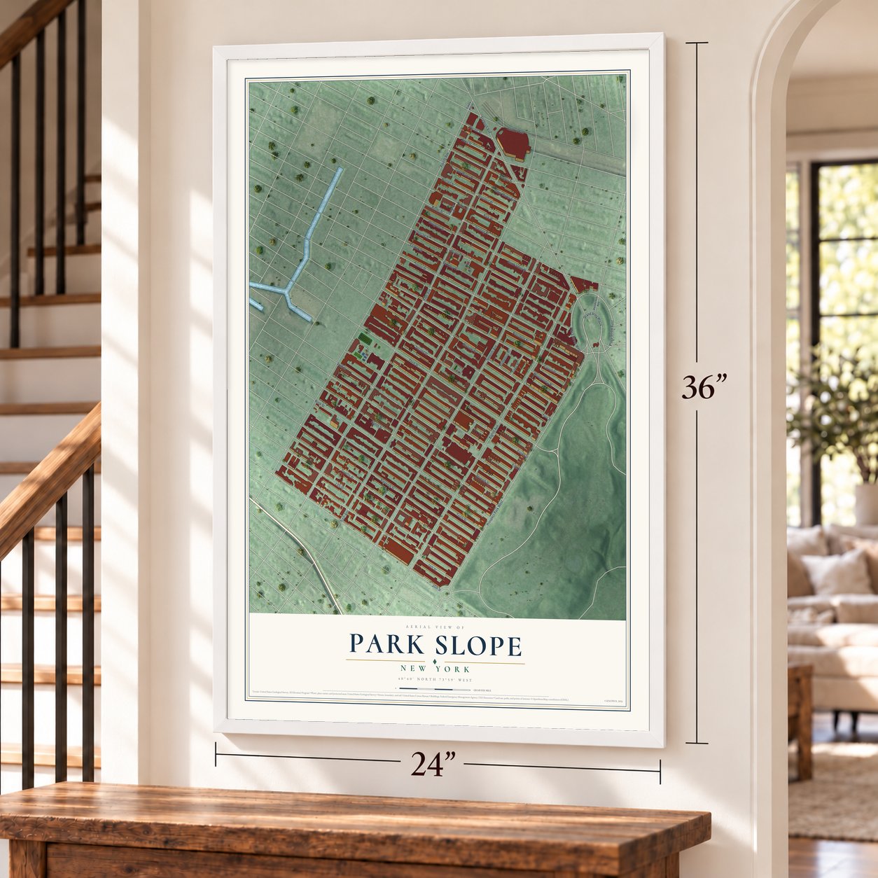 Park Slope, New York map, 24 x 36 inch print in a white frame by a staircase