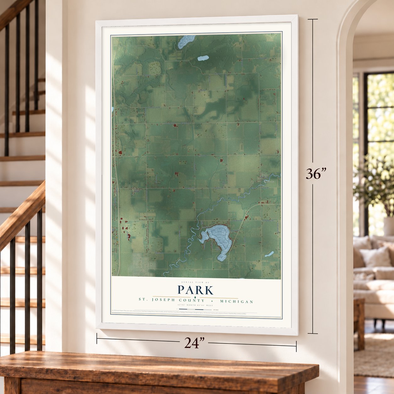 Park, St. Joseph County, Michigan map, 24 x 36 inch print in a white frame by a staircase