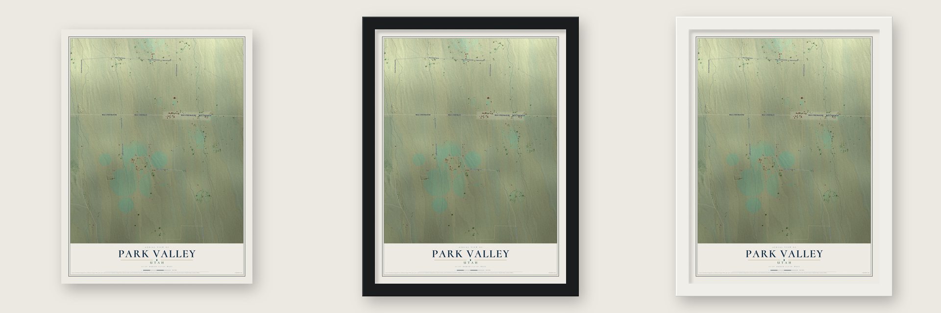 Park Valley, Utah map unframed, in a black wood frame and in a white wood frame