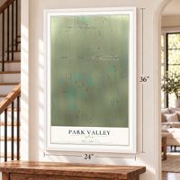 Park Valley, Utah map, 24 x 36 inch print in a white frame by a staircase