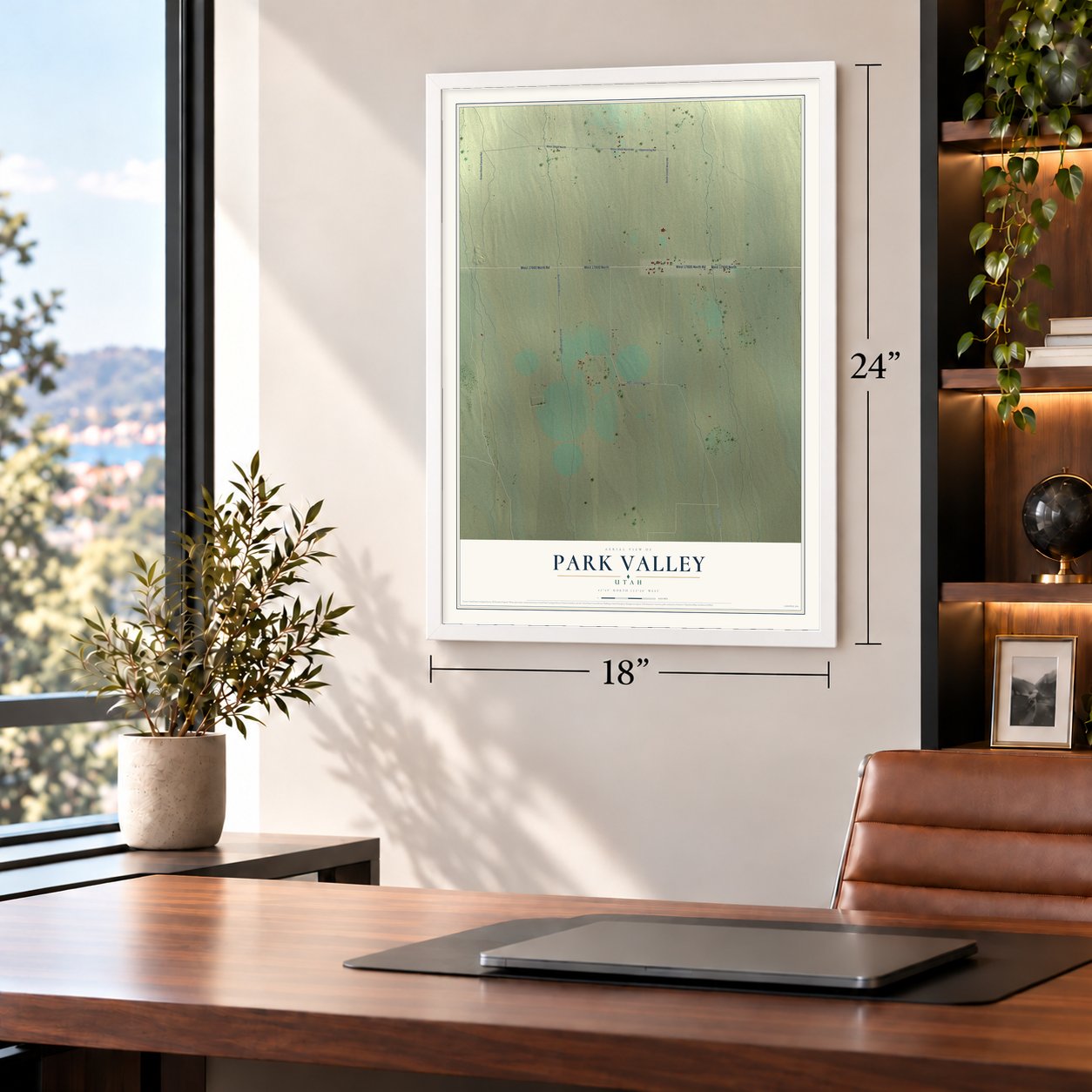 Park Valley, Utah map, 18 x 24 inch print in a white frame in a home office