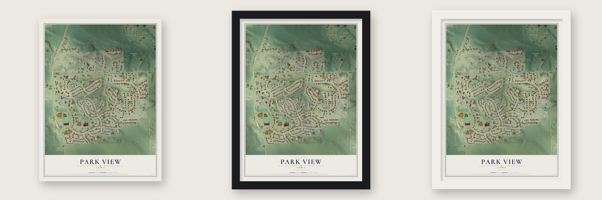 Park View, Iowa map unframed, in a black wood frame and in a white wood frame