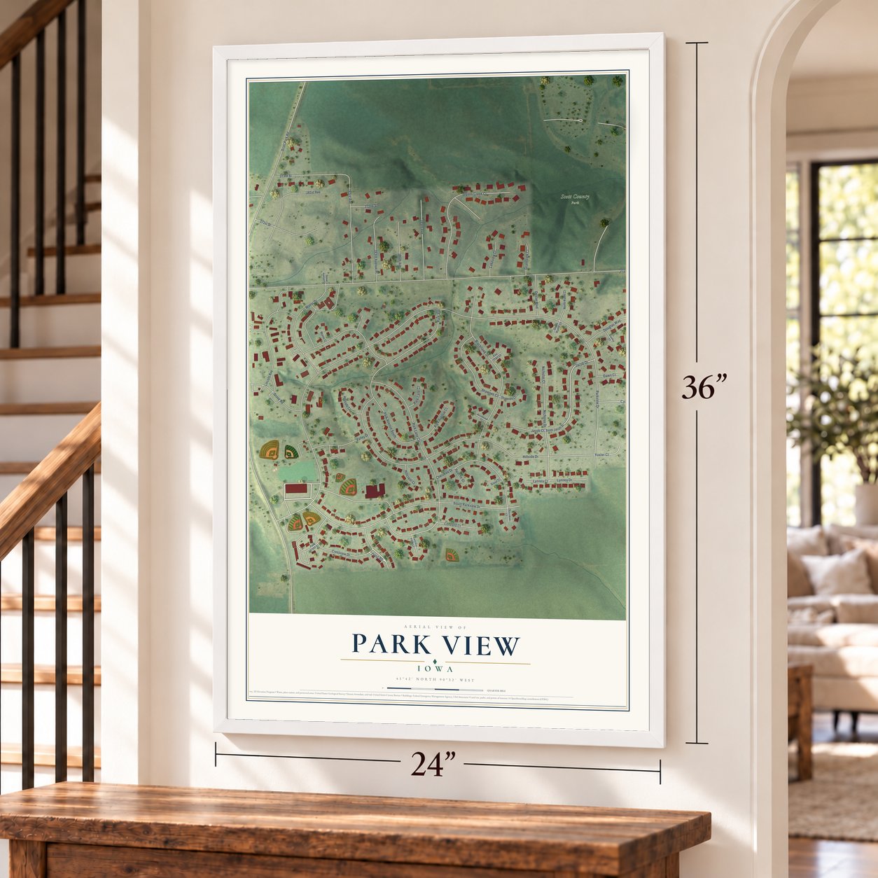 Park View, Iowa map, 24 x 36 inch print in a white frame by a staircase