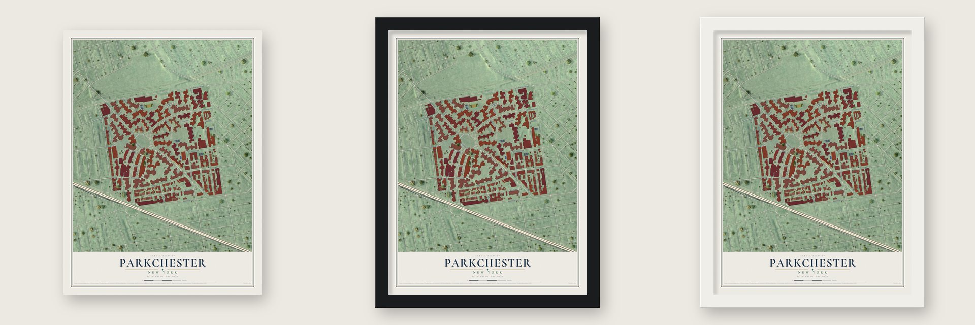 Parkchester, New York map unframed, in a black wood frame and in a white wood frame