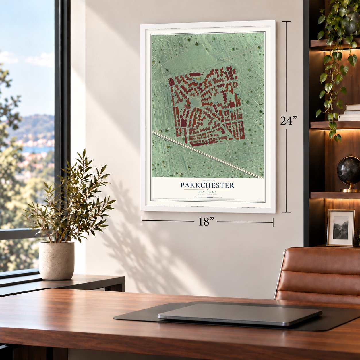 Parkchester, New York map, 18 x 24 inch print in a white frame in a home office