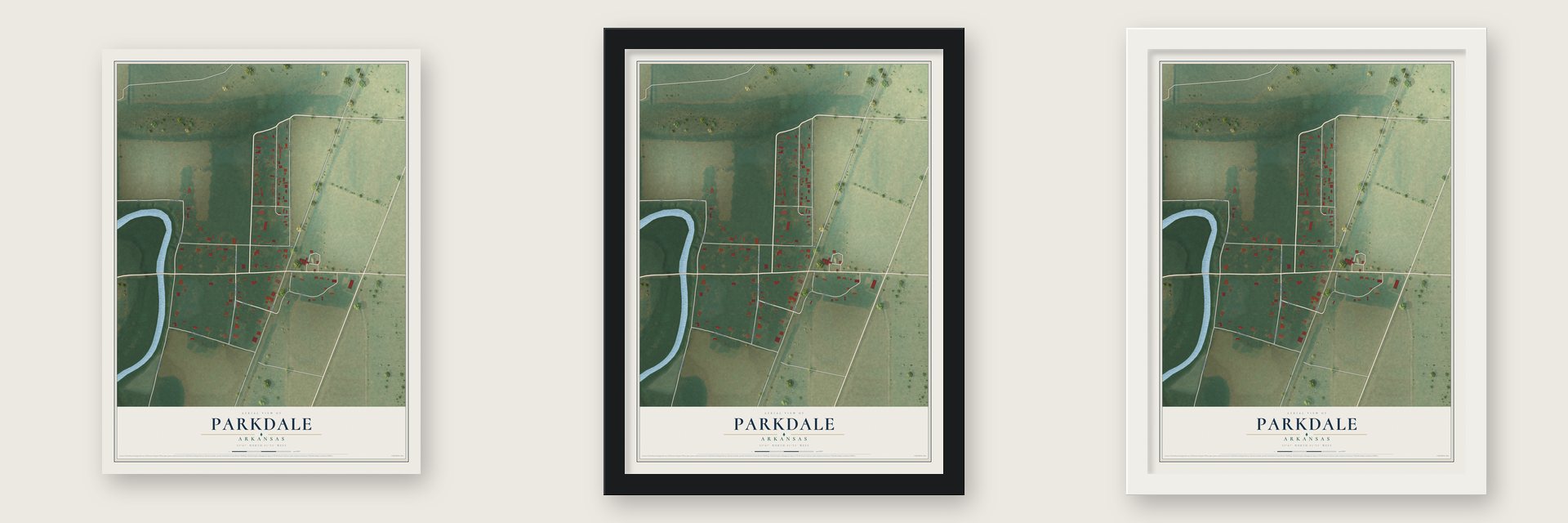 Parkdale, Arkansas map unframed, in a black wood frame and in a white wood frame