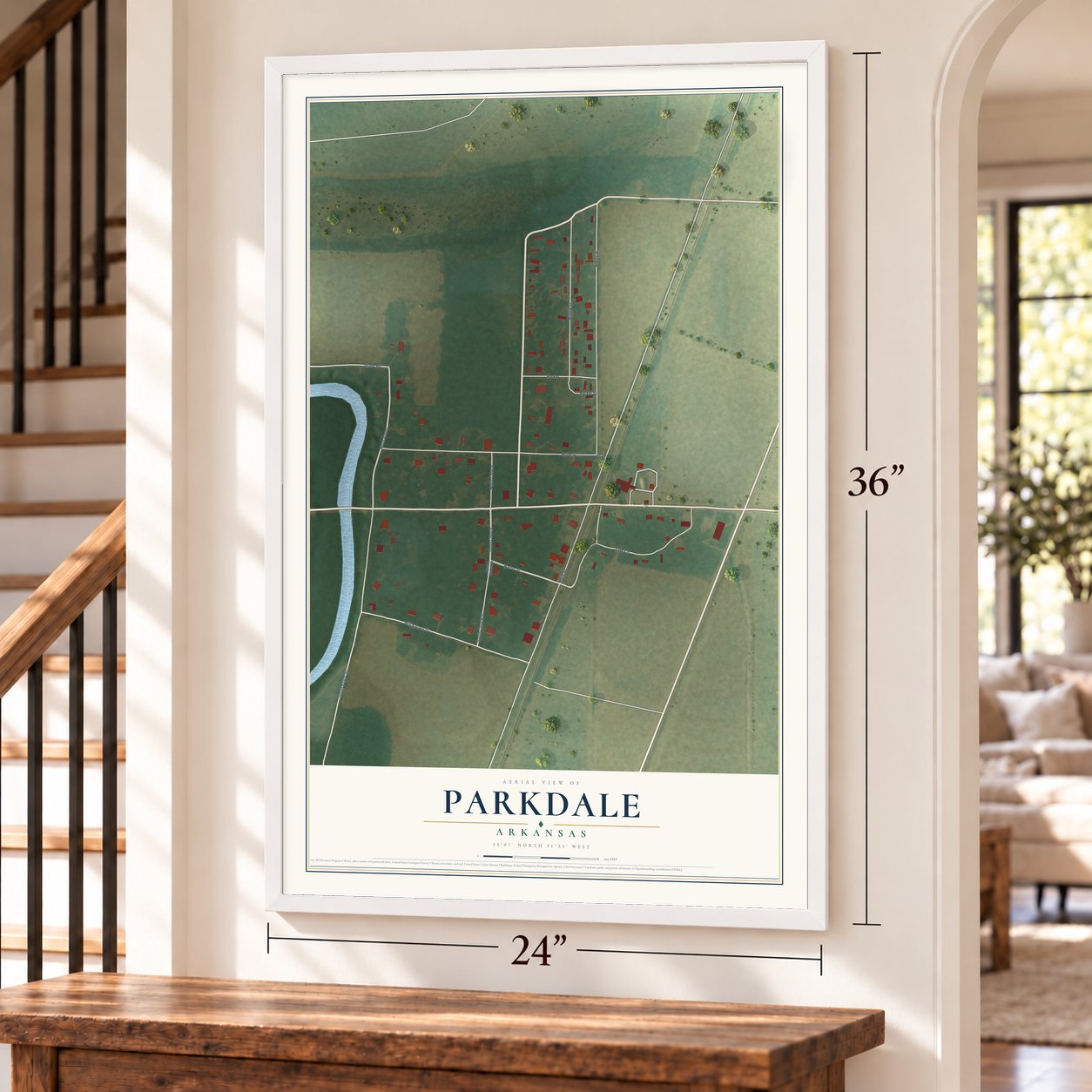 Parkdale, Arkansas map, 24 x 36 inch print in a white frame by a staircase