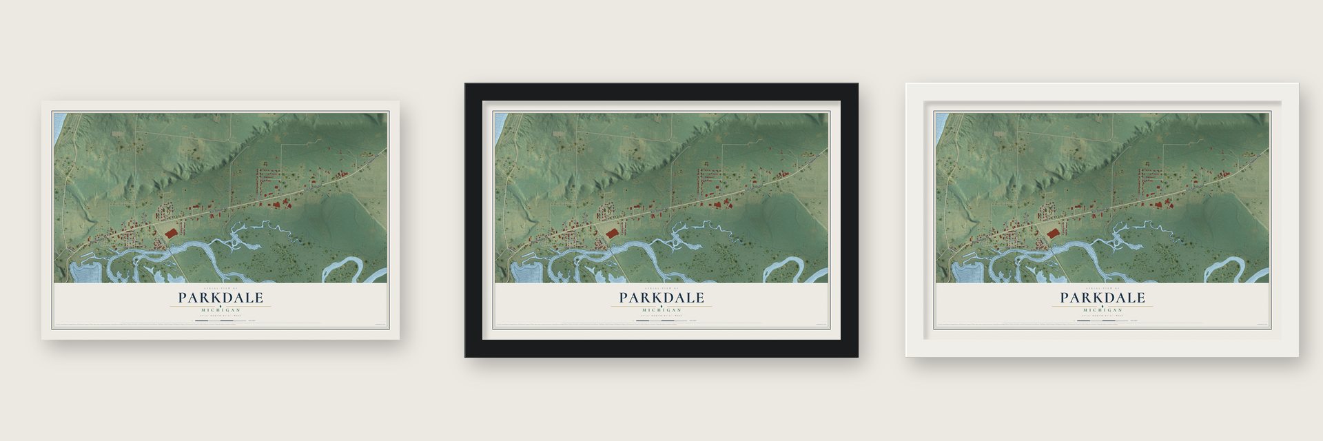 Parkdale, Michigan map unframed, in a black wood frame and in a white wood frame