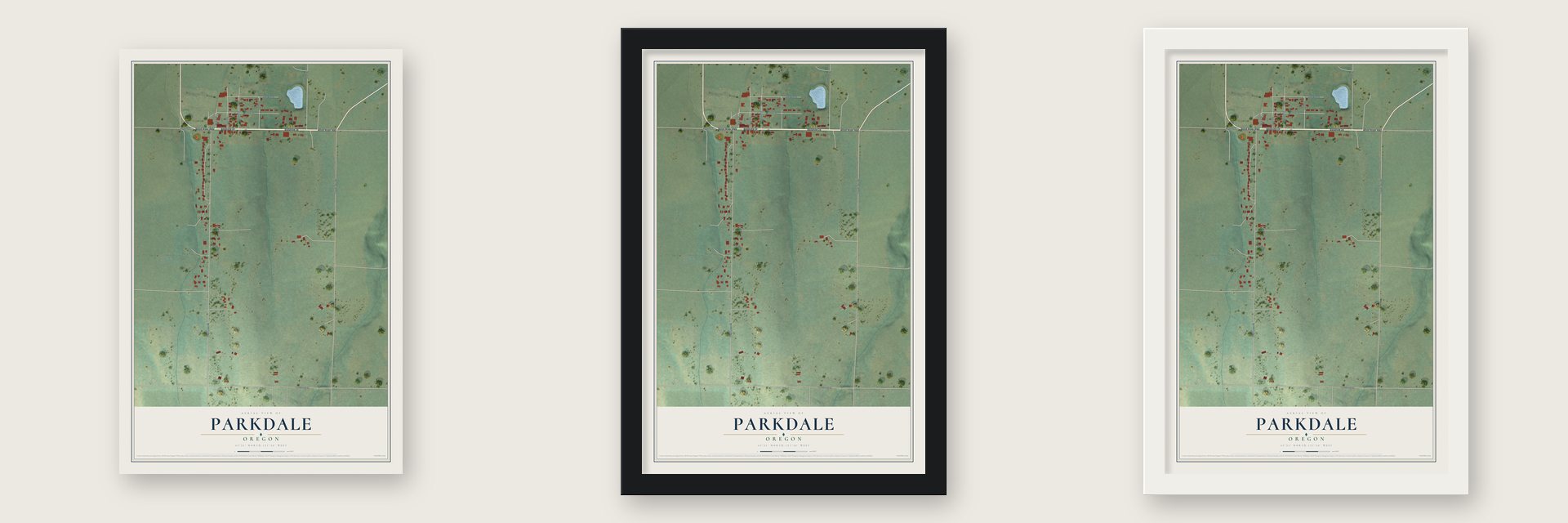 Parkdale, Oregon map unframed, in a black wood frame and in a white wood frame