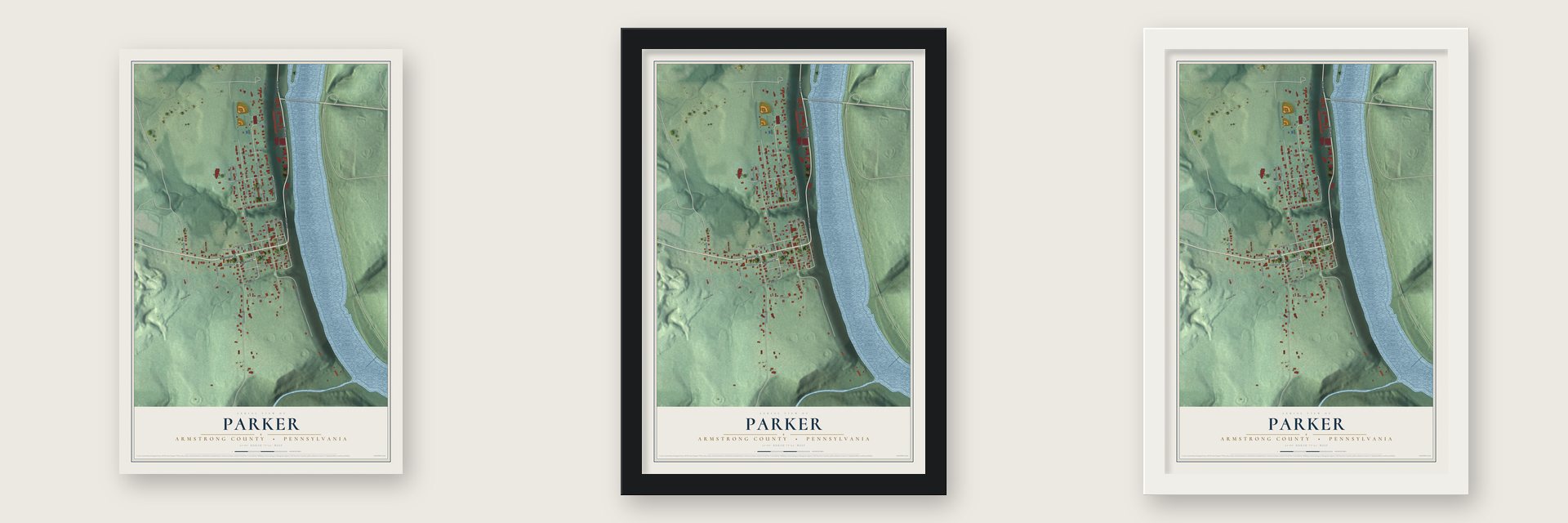 Parker, Armstrong County, Pennsylvania map unframed, in a black wood frame and in a white wood frame