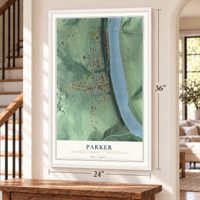 Parker, Armstrong County, Pennsylvania map, 24 x 36 inch print in a white frame by a staircase