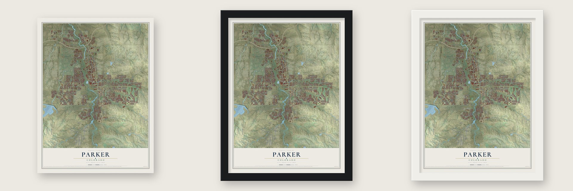 Parker, Colorado map unframed, in a black wood frame and in a white wood frame