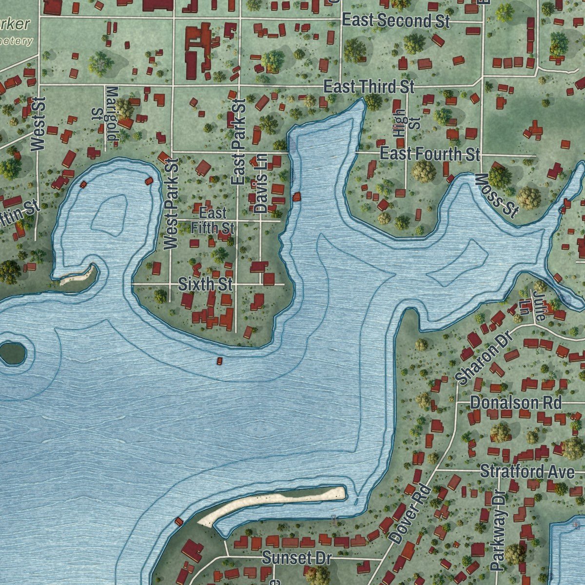 Second close-up of the map of Parker, Florida print showing more streets and buildings