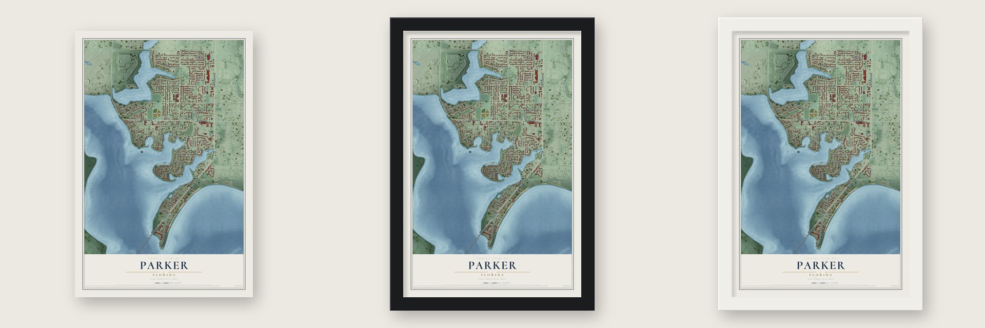Parker, Florida map unframed, in a black wood frame and in a white wood frame