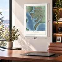Parker, Florida map, 18 x 24 inch print in a white frame in a home office
