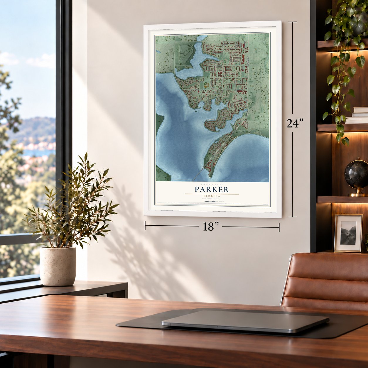 Parker, Florida map, 18 x 24 inch print in a white frame in a home office