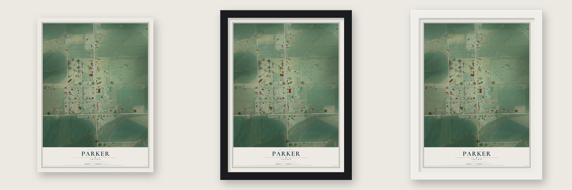 Parker, Idaho map unframed, in a black wood frame and in a white wood frame