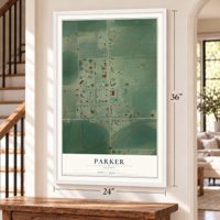 Parker, Idaho map, 24 x 36 inch print in a white frame by a staircase