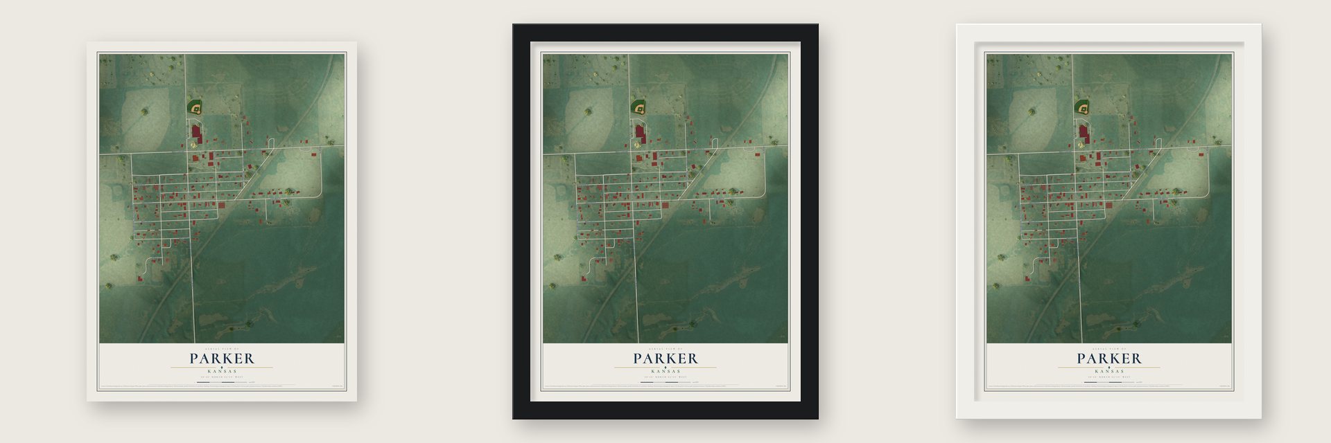 Parker, Kansas map unframed, in a black wood frame and in a white wood frame