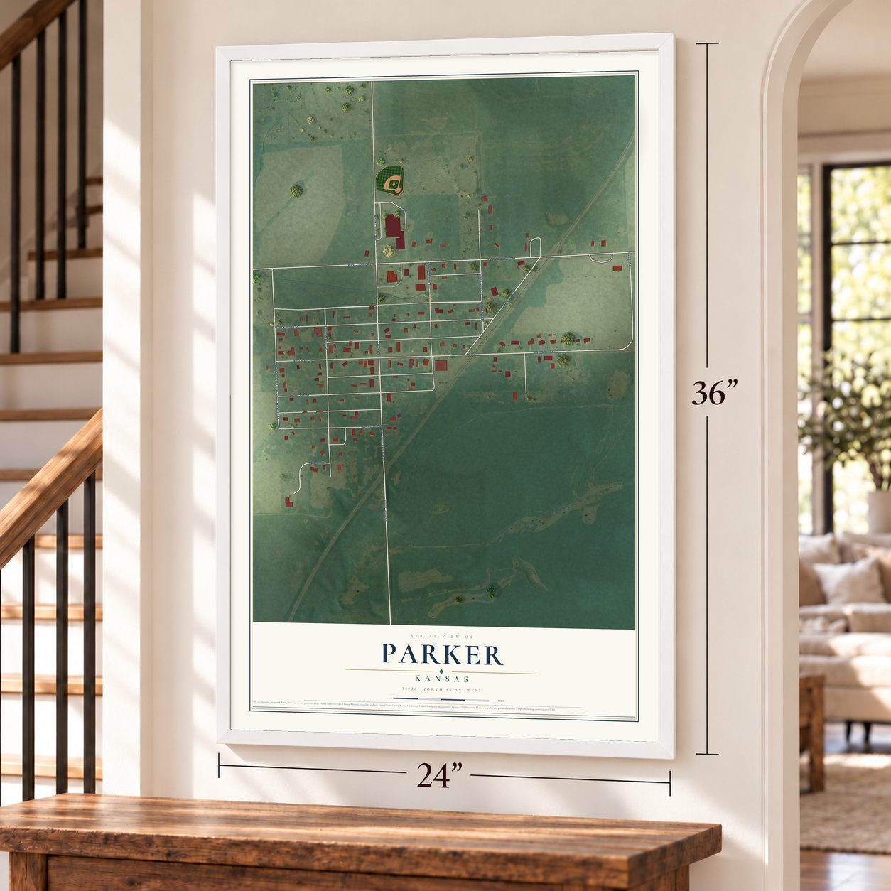 Parker, Kansas map, 24 x 36 inch print in a white frame by a staircase