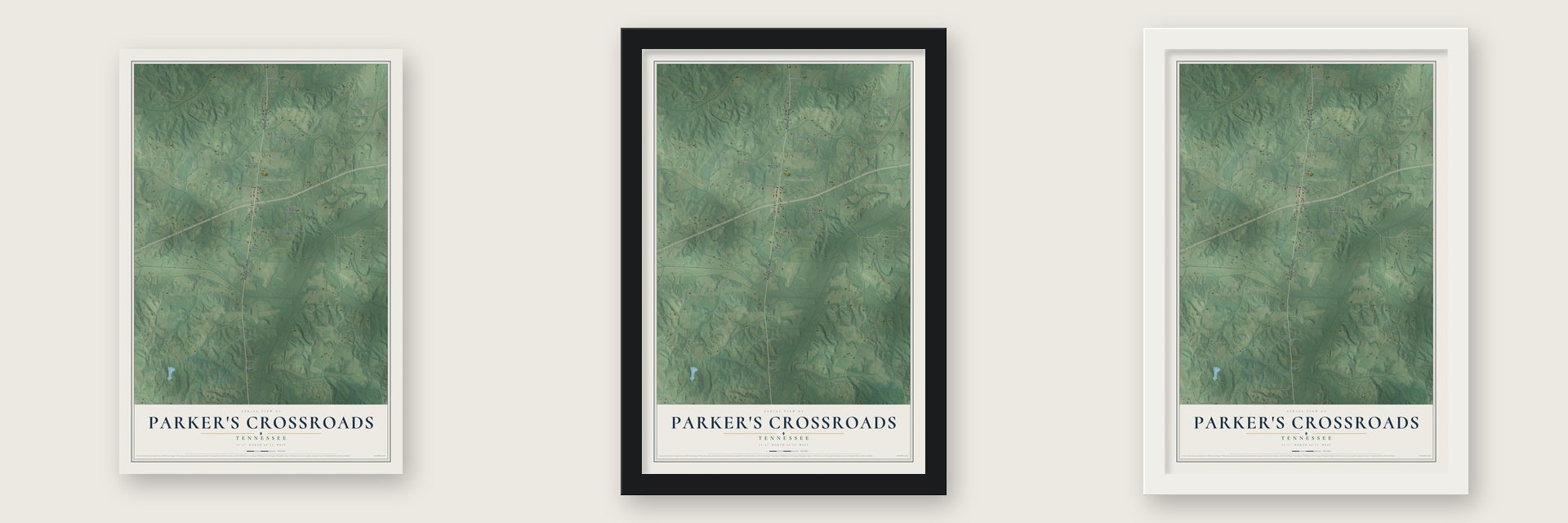 Parker's Crossroads, Tennessee map unframed, in a black wood frame and in a white wood frame