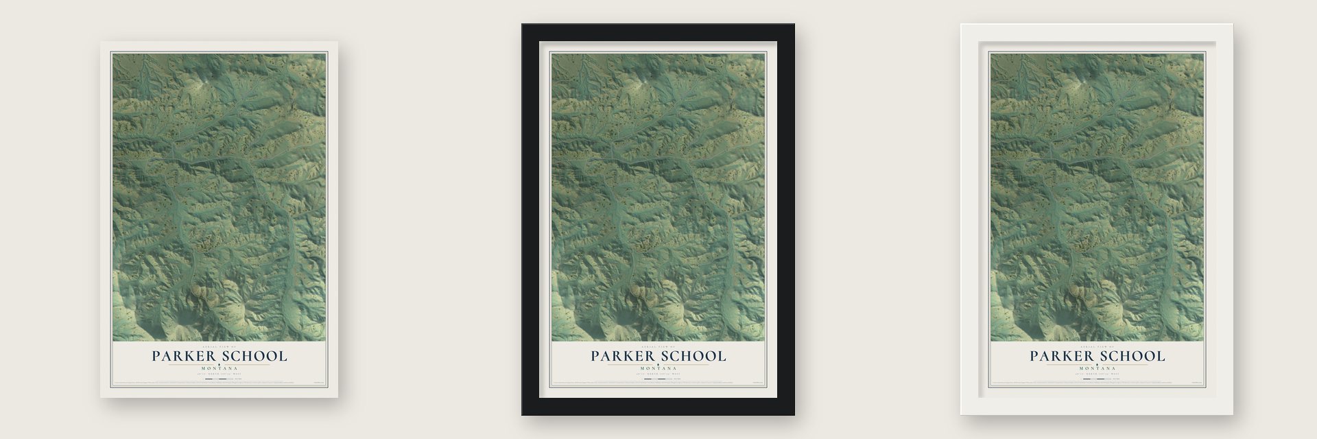 Parker School, Montana map unframed, in a black wood frame and in a white wood frame