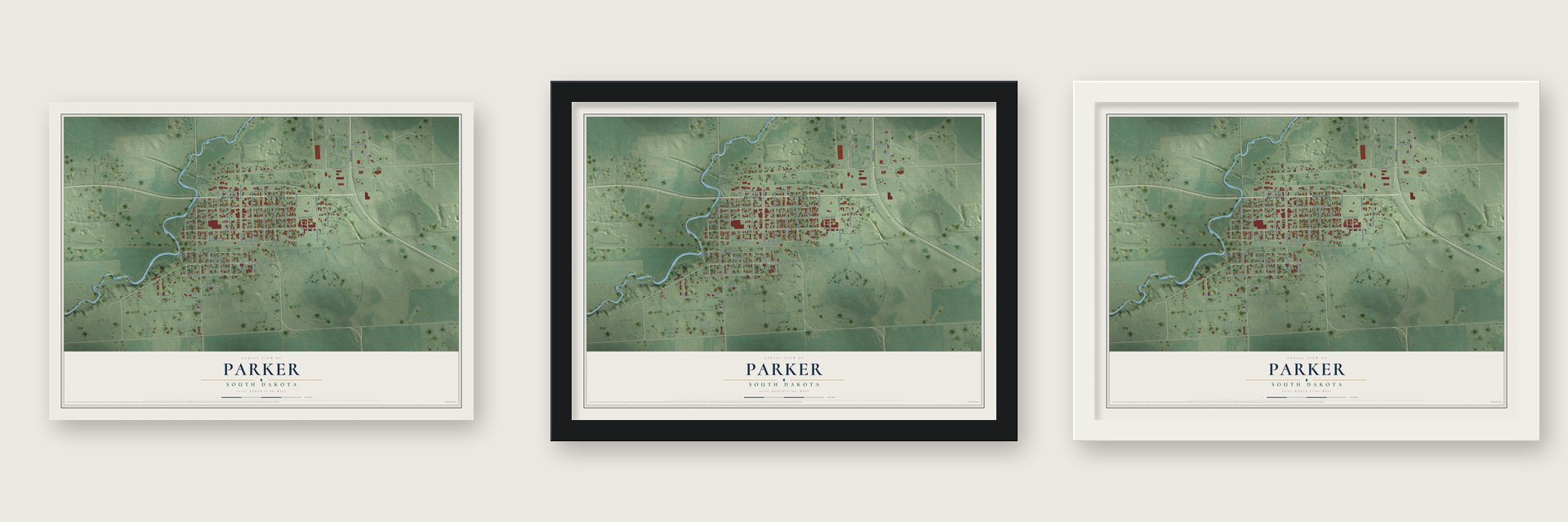 Parker, South Dakota map unframed, in a black wood frame and in a white wood frame