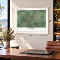Parker, South Dakota map, 18 x 24 inch print in a white frame in a home office