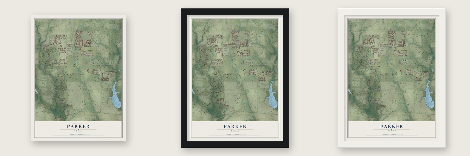 Parker, Texas map unframed, in a black wood frame and in a white wood frame