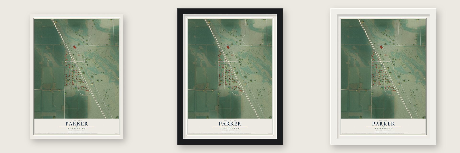 Parker, Washington map unframed, in a black wood frame and in a white wood frame