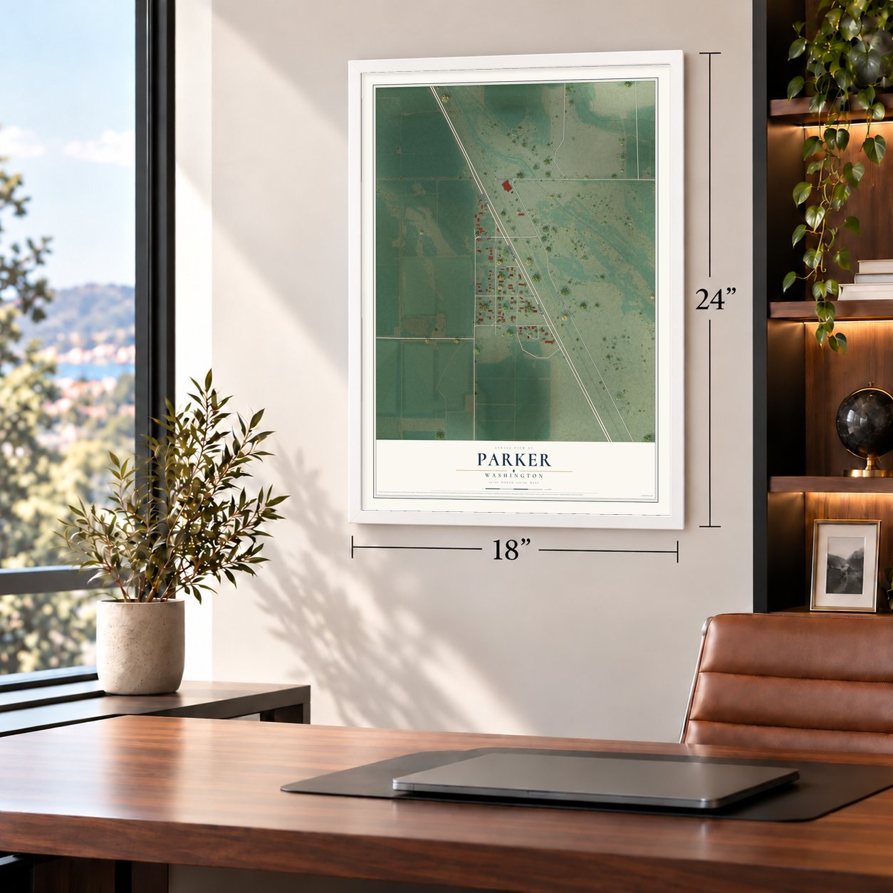Parker, Washington map, 18 x 24 inch print in a white frame in a home office