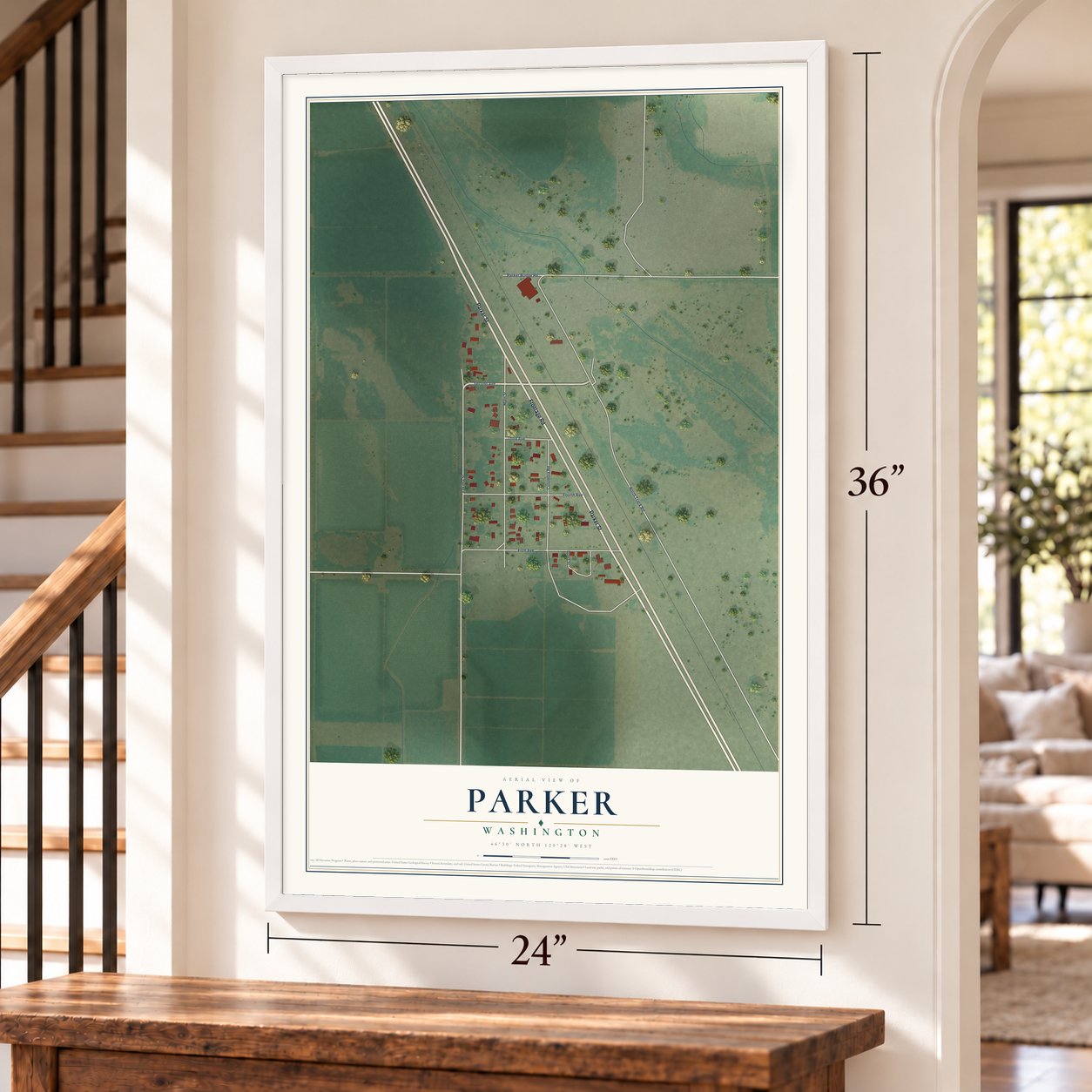 Parker, Washington map, 24 x 36 inch print in a white frame by a staircase