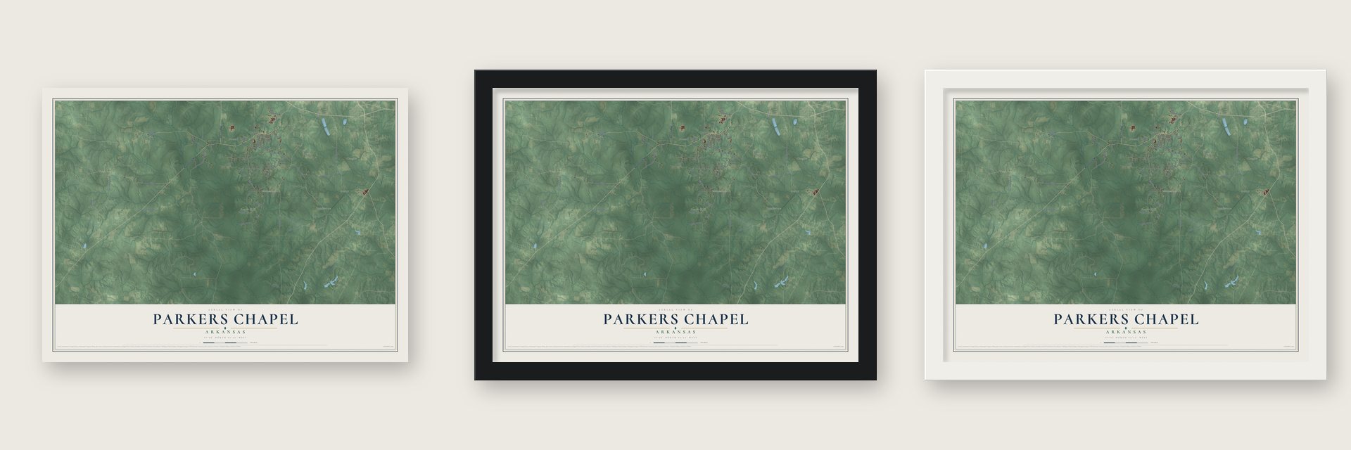 Parkers Chapel, Arkansas map unframed, in a black wood frame and in a white wood frame